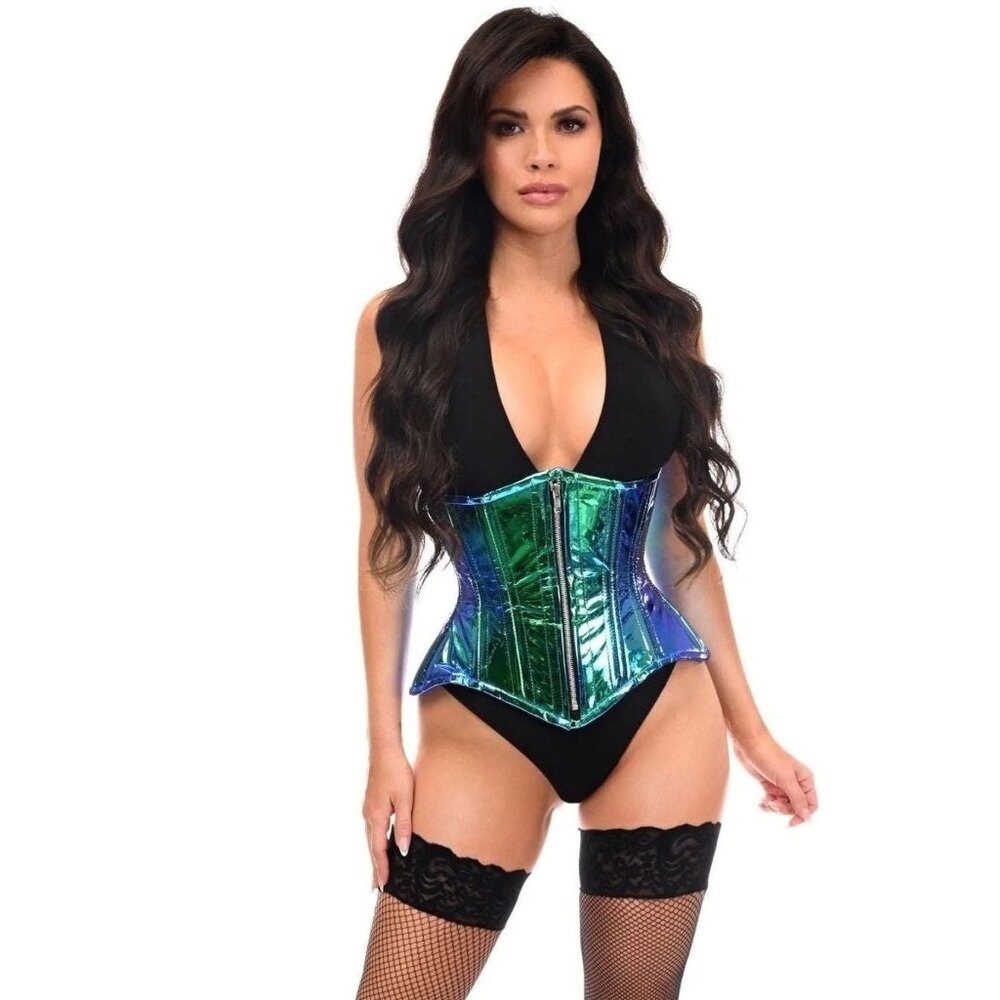 Top Drawer Blue/Teal Holo Double Steel Boned Underbust Waist Cincher Corset